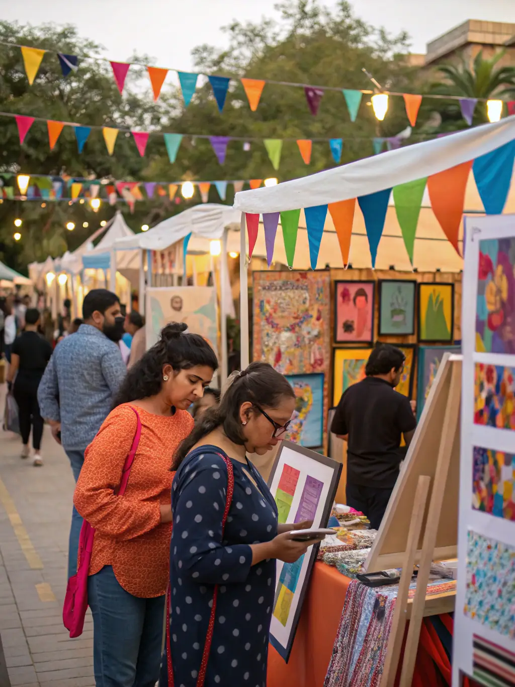 A community event at the library featuring local artists displaying their work, with attendees admiring the art and engaging in conversation.