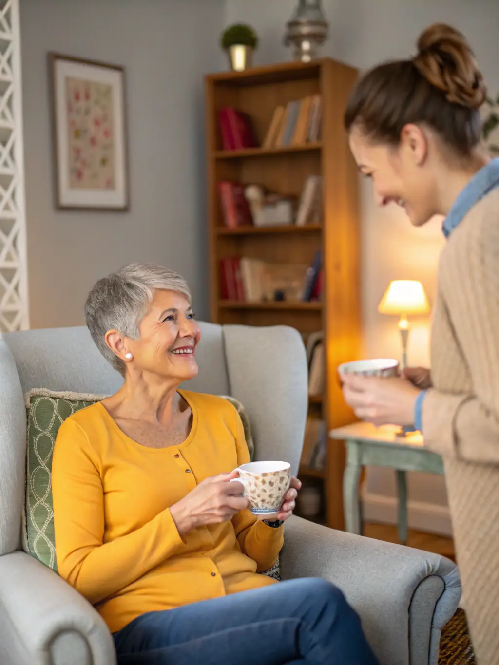 A senior citizen participating in a book club discussion at the ASS BIBLIOTHEQUE DE PLEMET, surrounded by books and engaging in conversation with other members.
