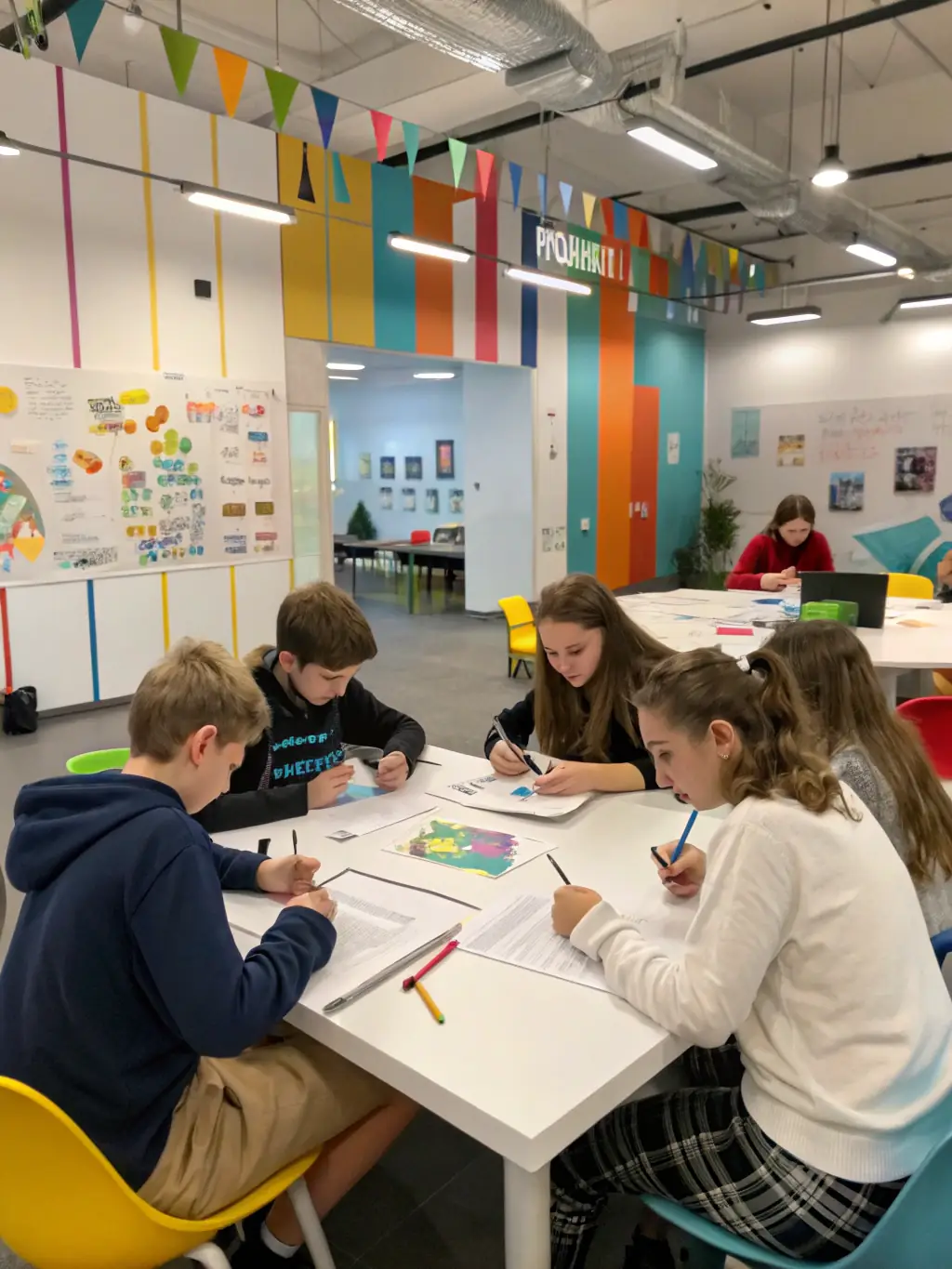 Teenagers collaborating on a creative writing project during a workshop at the ASS BIBLIOTHEQUE DE PLEMET, with laptops and notebooks spread across the table.
