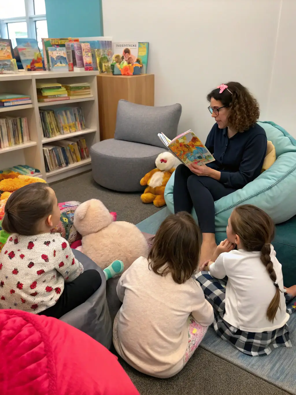 A group of children enthusiastically participating in a storytelling session at the library, with a librarian reading aloud from a colorful picture book.