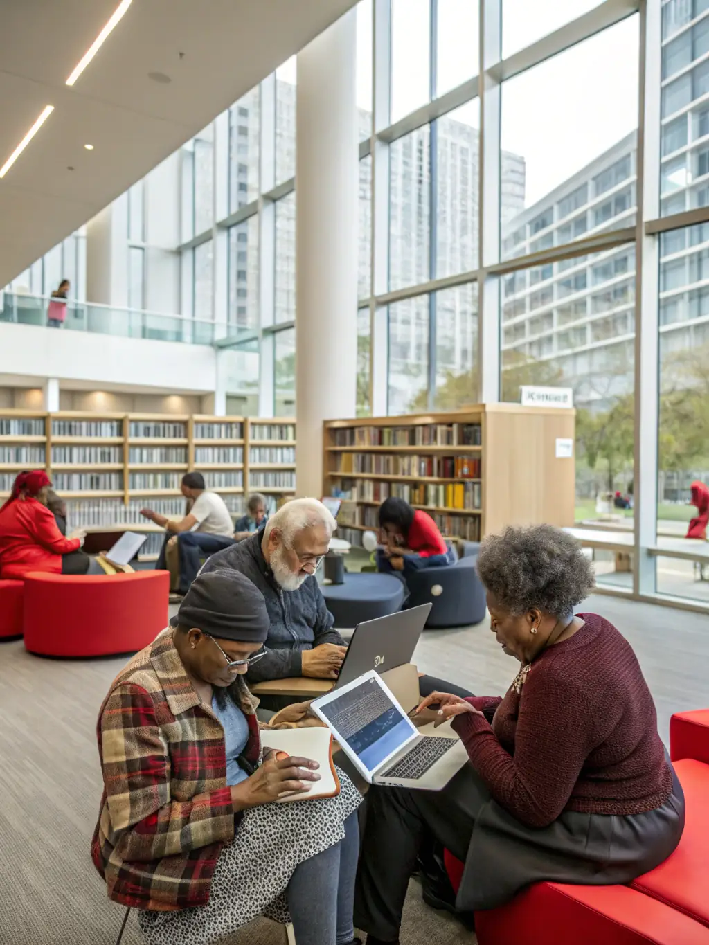A diverse group of adults attending a digital literacy workshop at the library, learning how to use computers and access online resources.