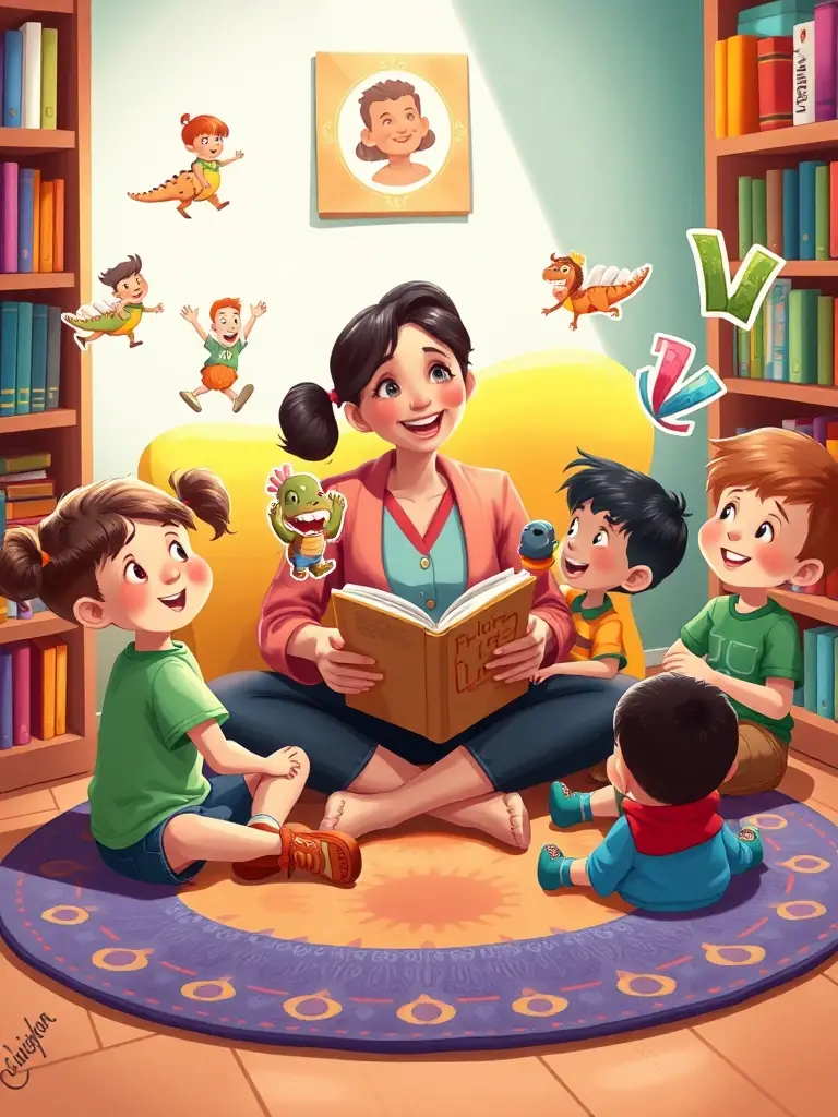 A group of children enthusiastically participating in a storytelling session at the ASS BIBLIOTHEQUE DE PLEMET, with a librarian reading aloud from a colorful picture book.