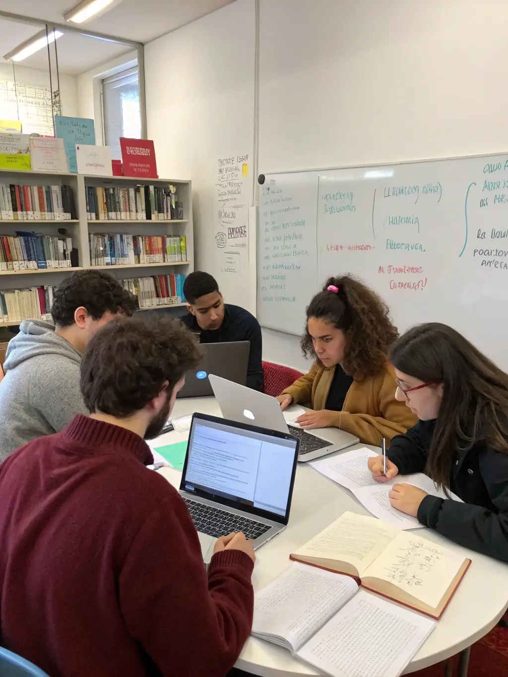 Teenagers working together on a creative writing project during a library workshop, brainstorming ideas and sharing their stories.
