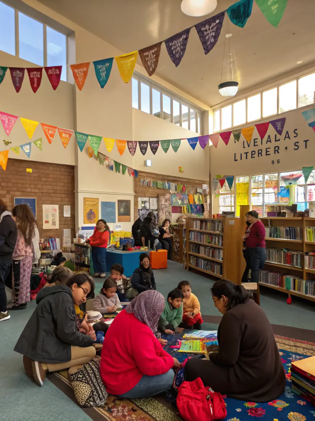 A lively cultural event with people enjoying music, readings, and local art displays, highlighting Cultural Events & Community Engagement.