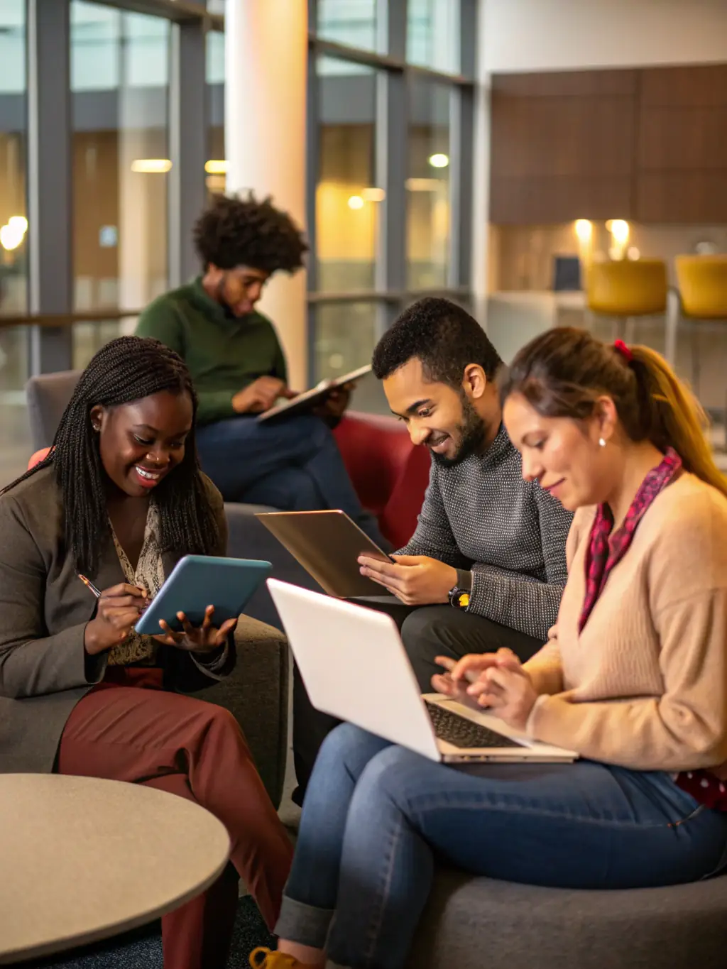 A diverse group of adults attending a digital literacy workshop at the ASS BIBLIOTHEQUE DE PLEMET, learning about internet safety and online resources.